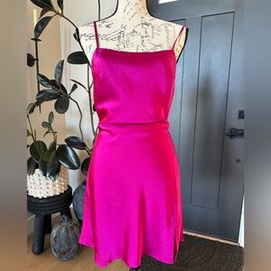 Hot pink (fuchsia) satin like dress with bow tie in back